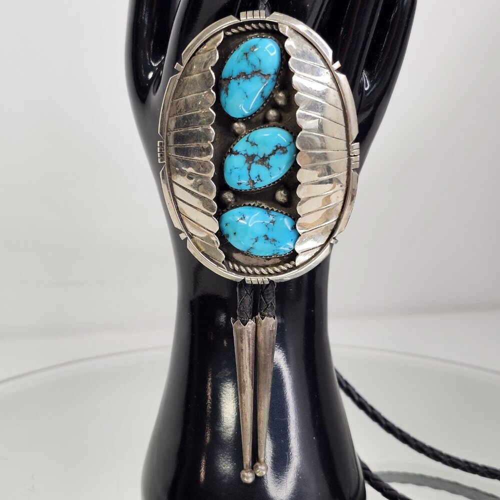 Navajo Turquoise Sterling Silver Bolo Tie With 3 Stones Beautiful Color Stones